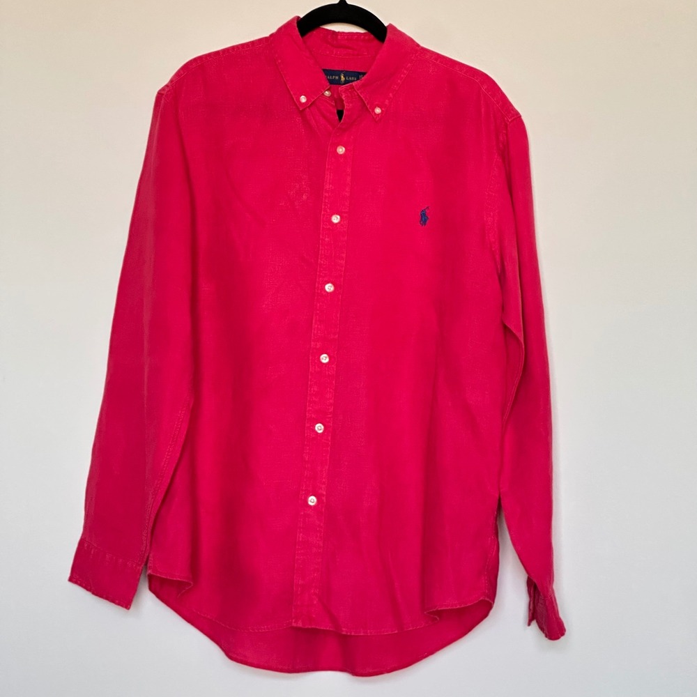 Polo Ralph Lauren Mens Large Hot Pink 100% Linen Button Down Long Sleeve Shirt L